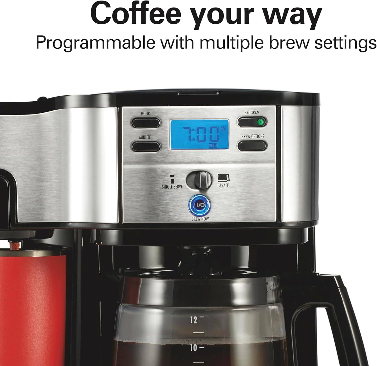 Cafeteira programável Hamilton Beach de 2 vias com capacidade para 12 xícaras e máquina de dose única, garrafa de vidro, pausar e despejar automático, preto (49980R)