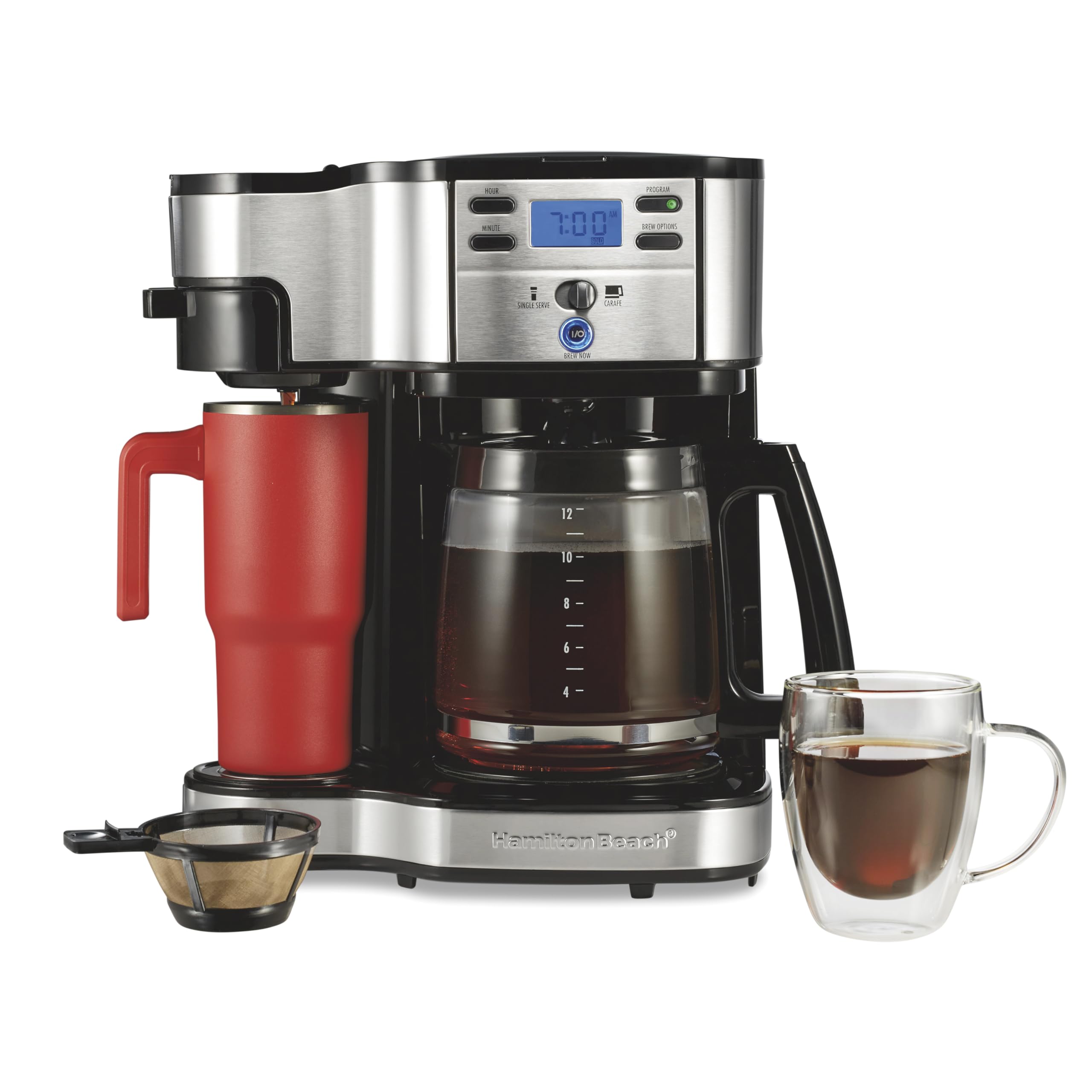 Cafeteira programável Hamilton Beach de 2 vias com capacidade para 12 xícaras e máquina de dose única, garrafa de vidro, pausar e despejar automático, preto (49980R)