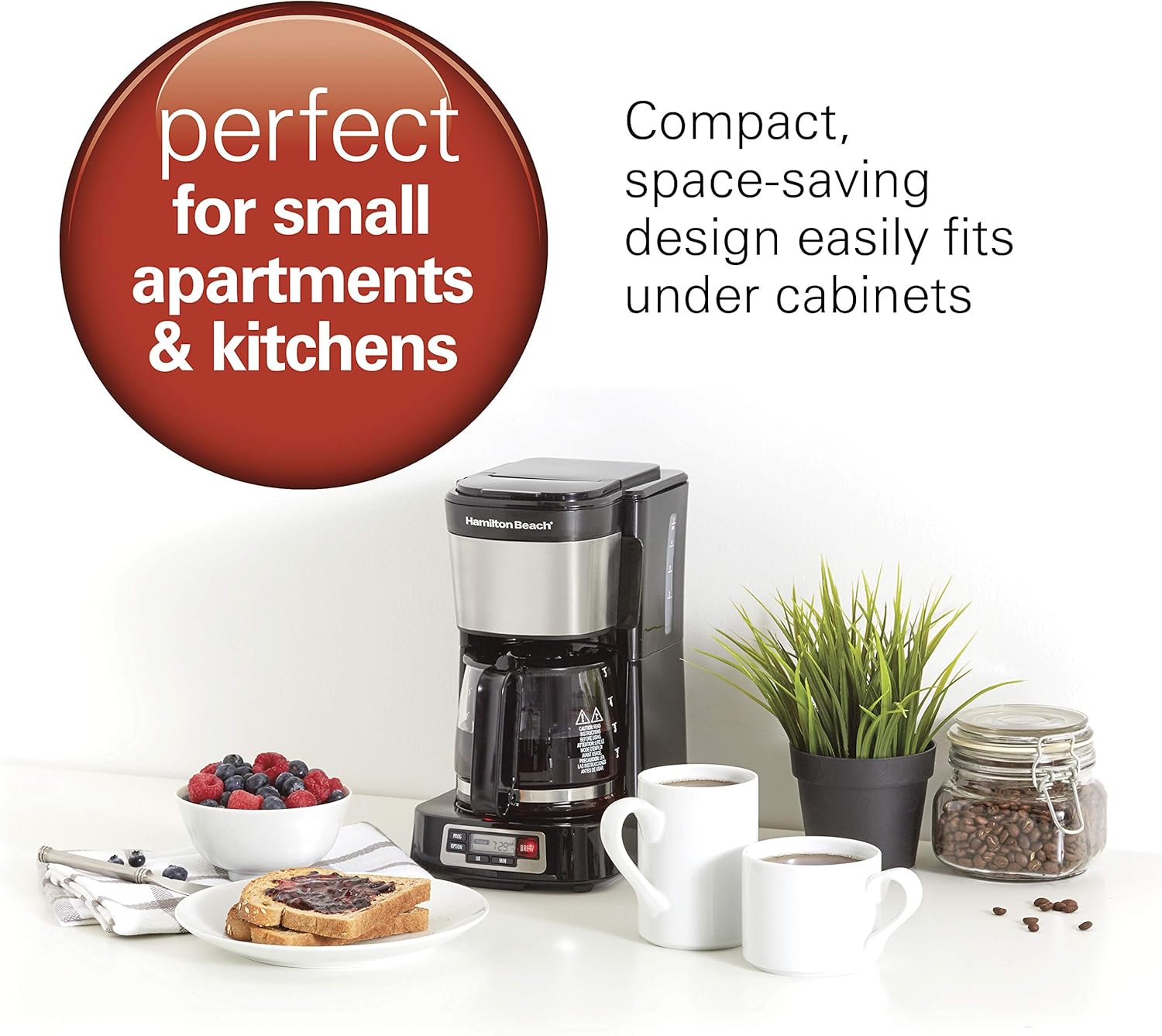 Hamilton Beach Cafeteira compacta de 5 xícaras com relógio programável, jarra de vidro, pausa e despeje automaticamente, preto e aço inoxidável (46111)