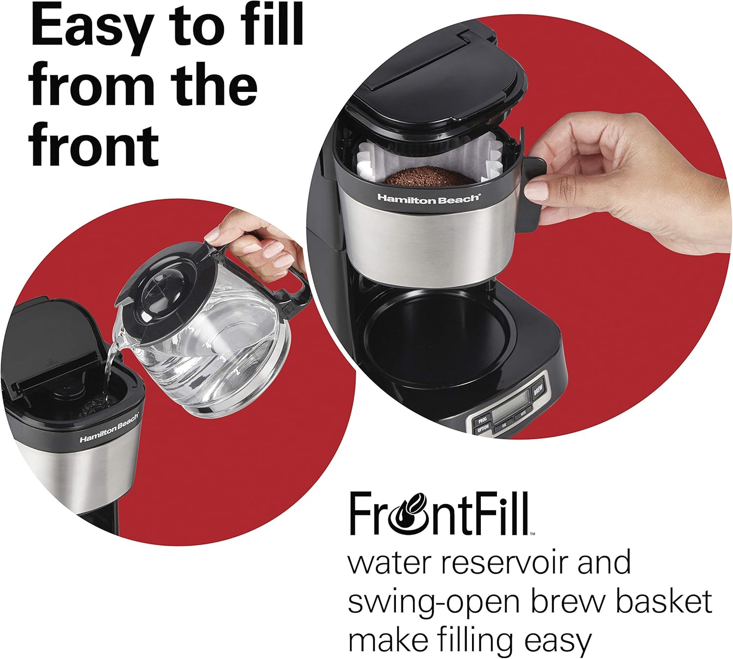 Hamilton Beach Cafeteira compacta de 5 xícaras com relógio programável, jarra de vidro, pausa e despeje automaticamente, preto e aço inoxidável (46111)