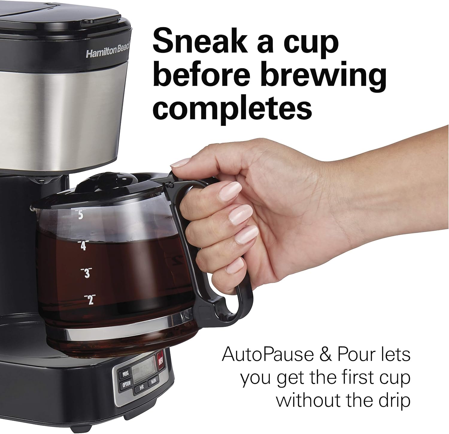 Hamilton Beach Cafeteira compacta de 5 xícaras com relógio programável, jarra de vidro, pausa e despeje automaticamente, preto e aço inoxidável (46111)