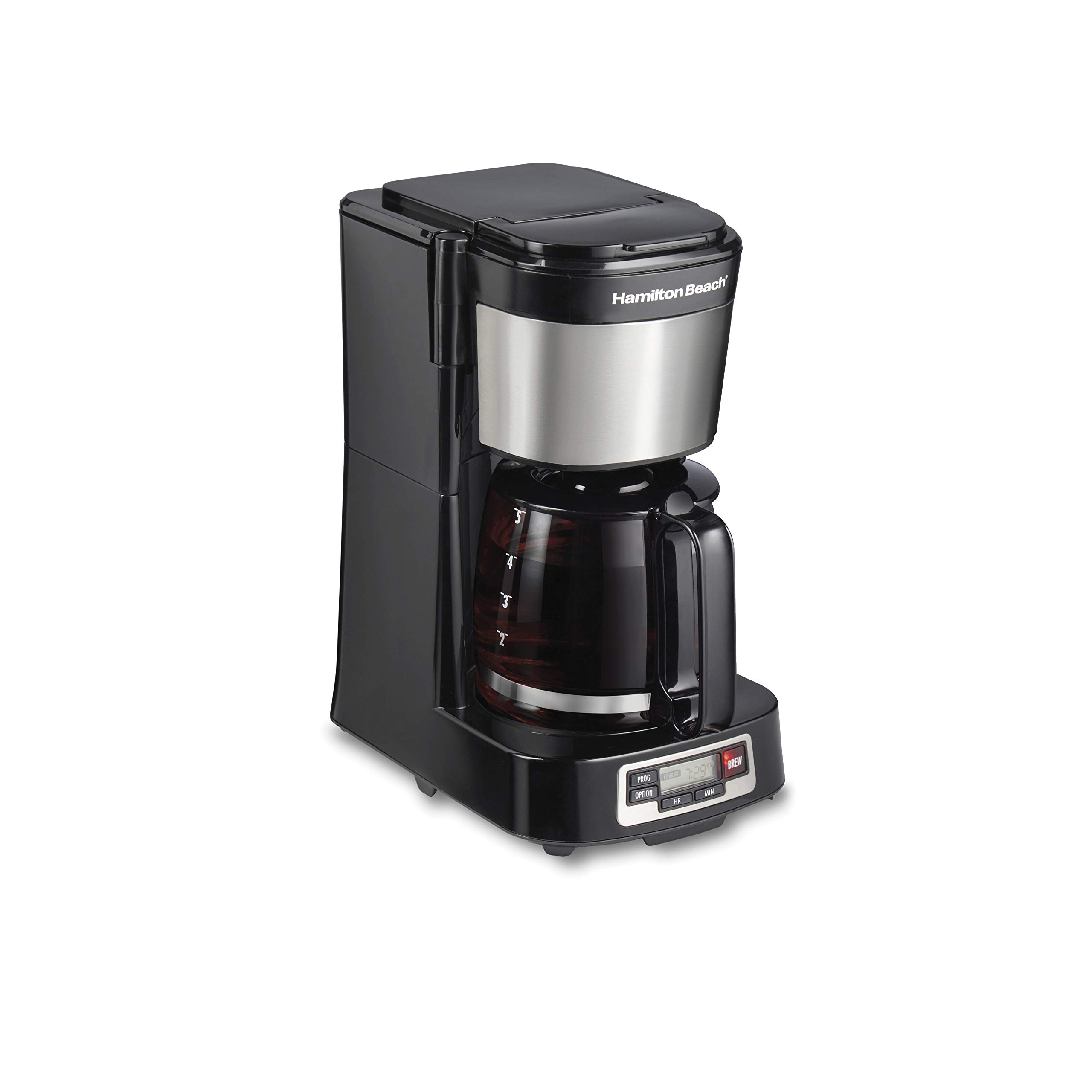 Hamilton Beach Cafeteira compacta de 5 xícaras com relógio programável, jarra de vidro, pausa e despeje automaticamente, preto e aço inoxidável (46111)
