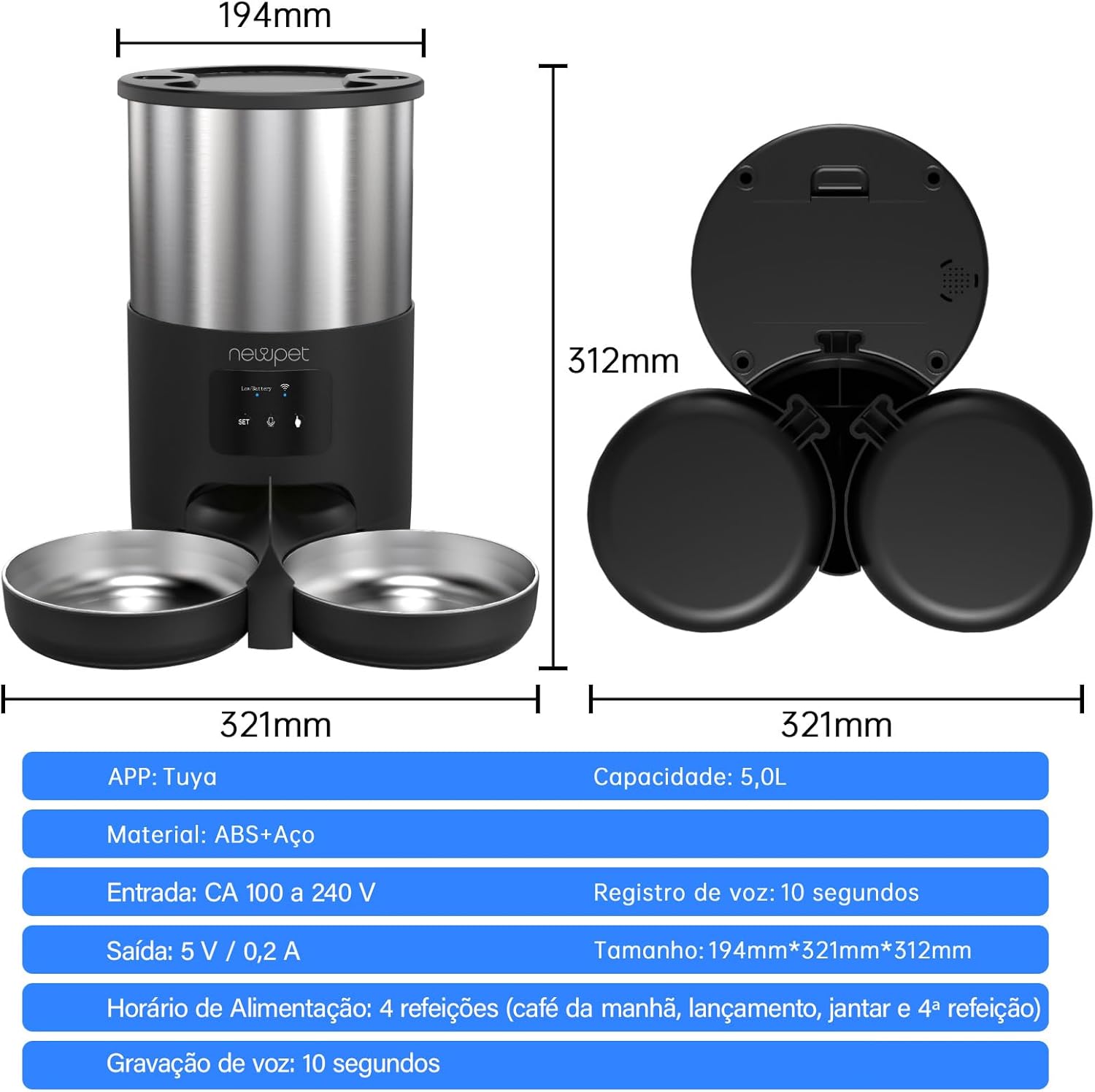 Alimentador Automático para 2 Gatos, 5L Alimentador temporizado para animais de estimação,2.4G WiFi Tuya APP
