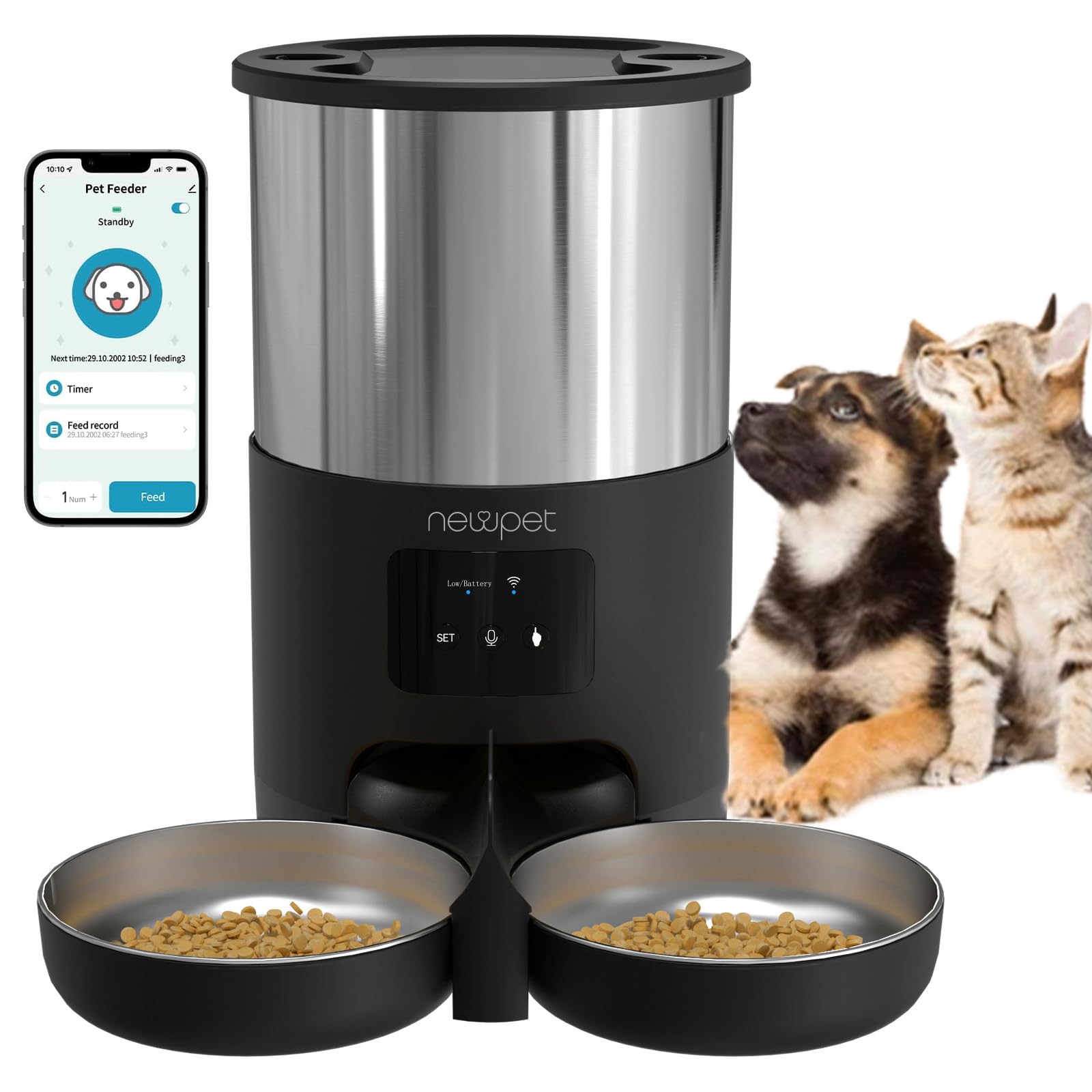Alimentador Automático para 2 Gatos, 5L Alimentador temporizado para animais de estimação,2.4G WiFi Tuya APP