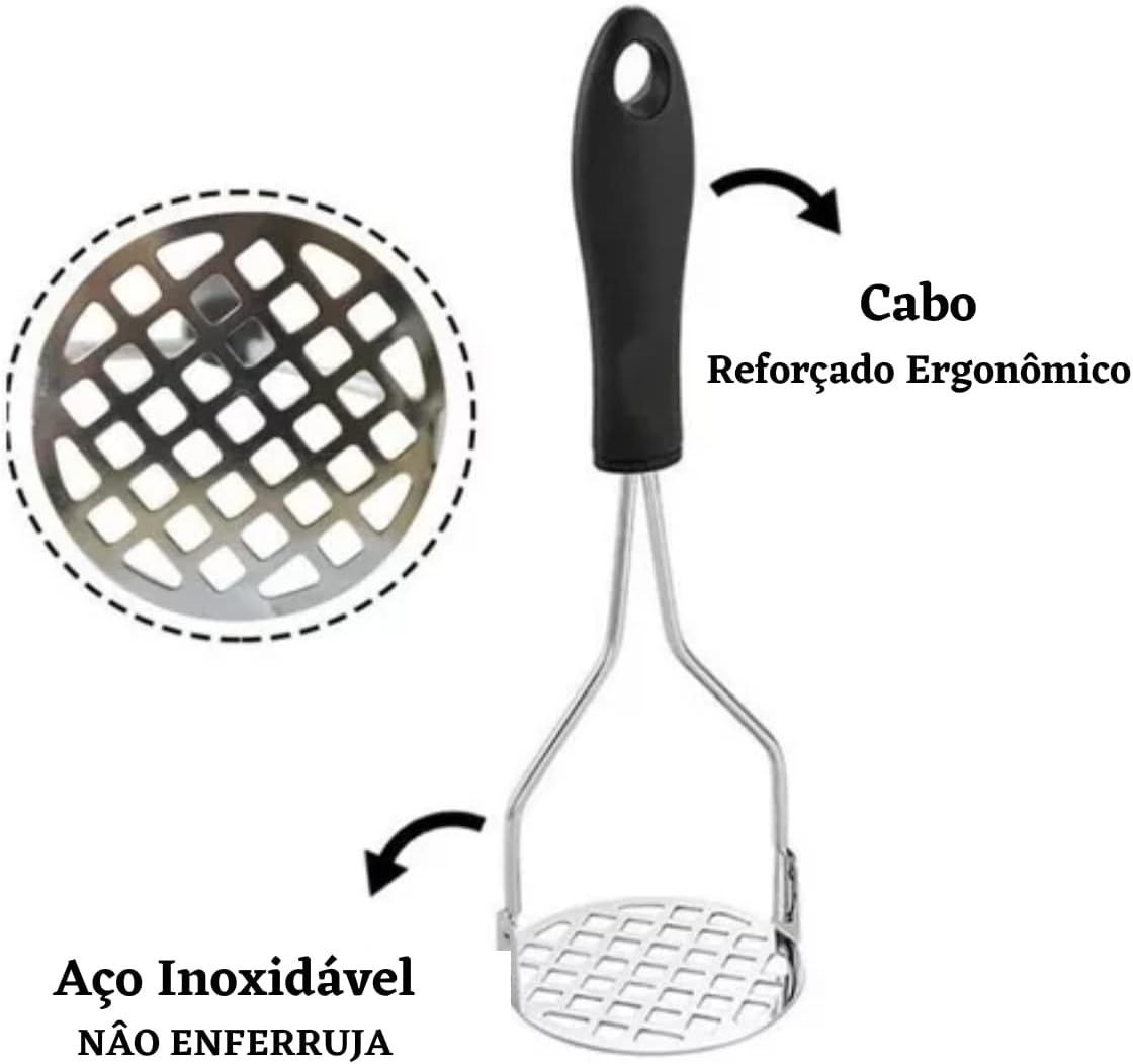 Amassador de Batata e Legumes Inox Manual Ergonômico Amassador Para Purê com Cabo Plástico Anti Calor