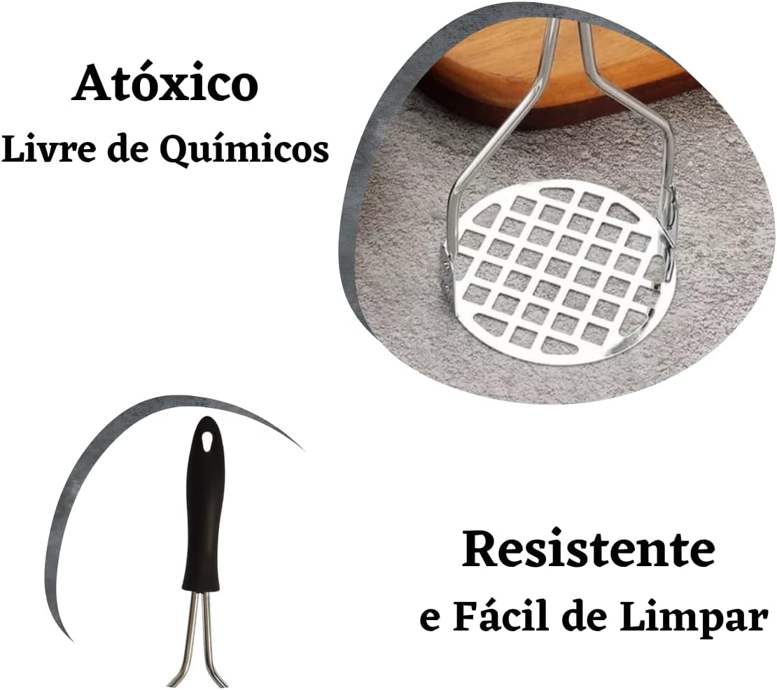 Amassador de Batata e Legumes Inox Manual Ergonômico Amassador Para Purê com Cabo Plástico Anti Calor