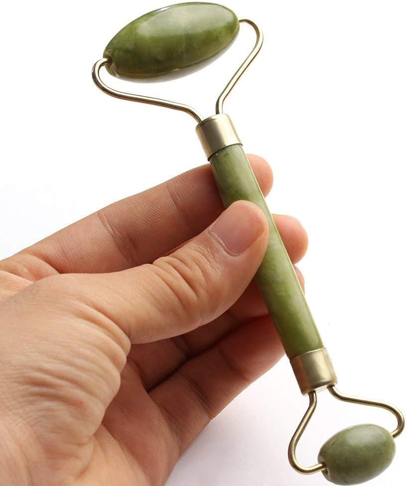 Rolo de jade para rosto, conjunto de pedras faciais naturais de jade, massageador de pele com ferramentas de raspagem Gua Sha