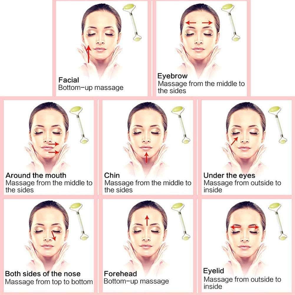 Rolo de jade para rosto, conjunto de pedras faciais naturais de jade, massageador de pele com ferramentas de raspagem Gua Sha