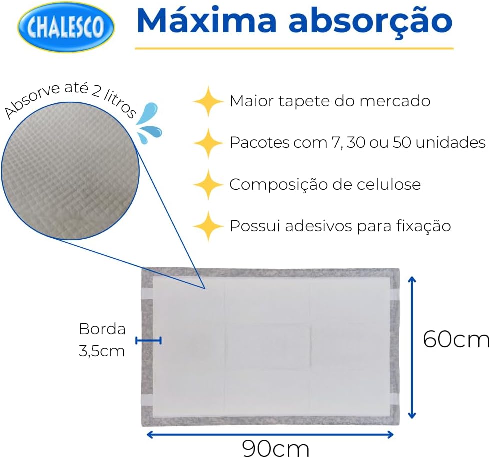Chalesco Tapete Higiênico Premium para Cães 90 x 60 cm – 50 Unidades