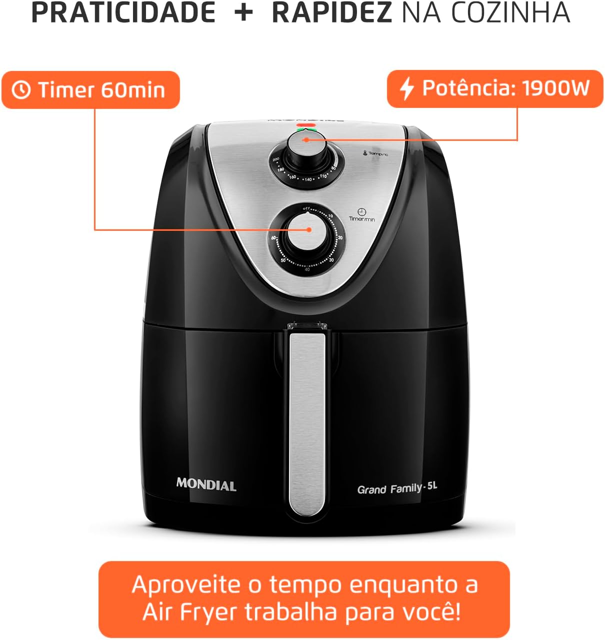MONDIAL Fritadeira Sem Óleo Grand Family Inox - 5L, 220V, Preto, 1900W - AFN-50-BI