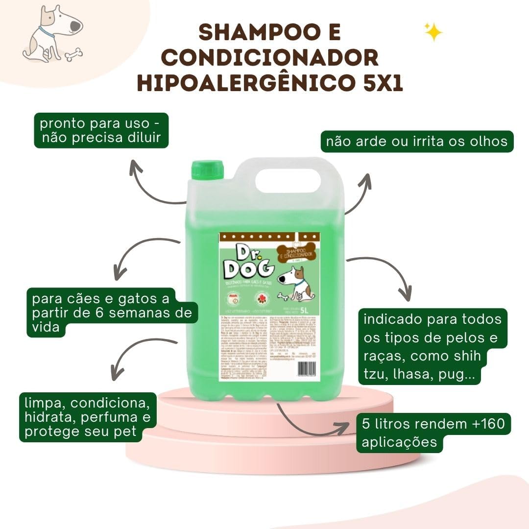 Shampoo & condicionador para Cachorros e Gatos Dr Dog 5x1 5 Litros Pets peles sensíveis, Xampu Pet Hipoalergênico, Antialérgico, Não Arde os Olhos, Pet shop, Fragrância Suave, Alto rendimento