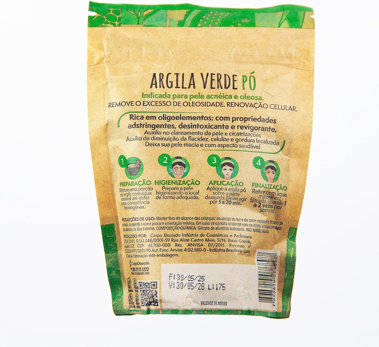 Corpo Dourado Argila Verde em Pó | Purificação e controle de oleosidade | 100g