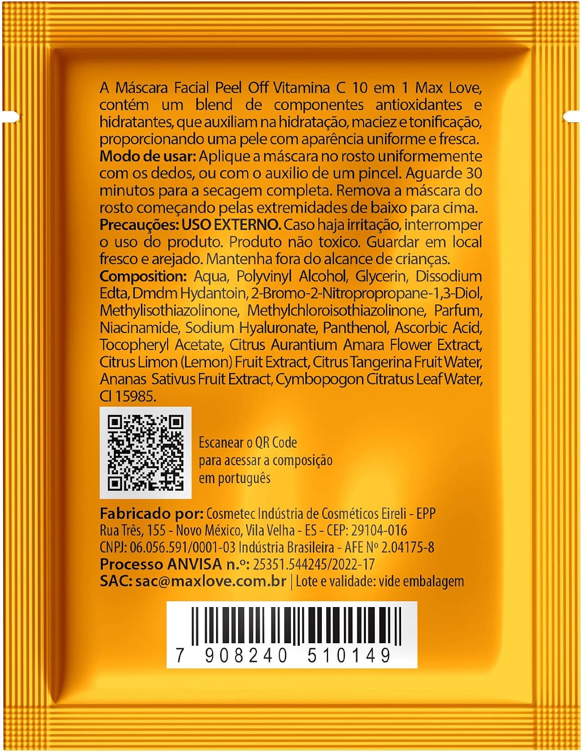 Máscara Vitamina C Max Love 10 em 1 - Hidratação, Renovação Facial e Viço - Sache 8g para Rosto