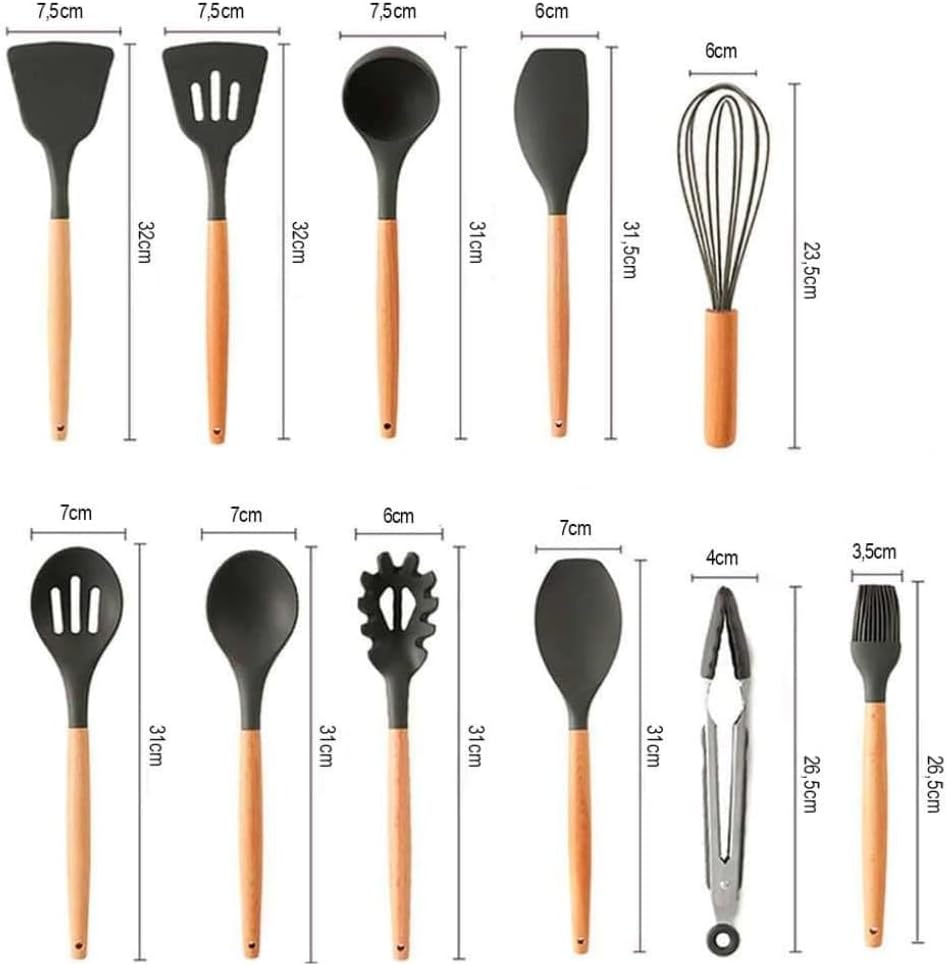 Kit 12 Utensílios De Cozinha Em Silicone E Cabo De Madeira Jogo De Utensílios Resistente ao Calor Antiaderente Premium GAXMARK