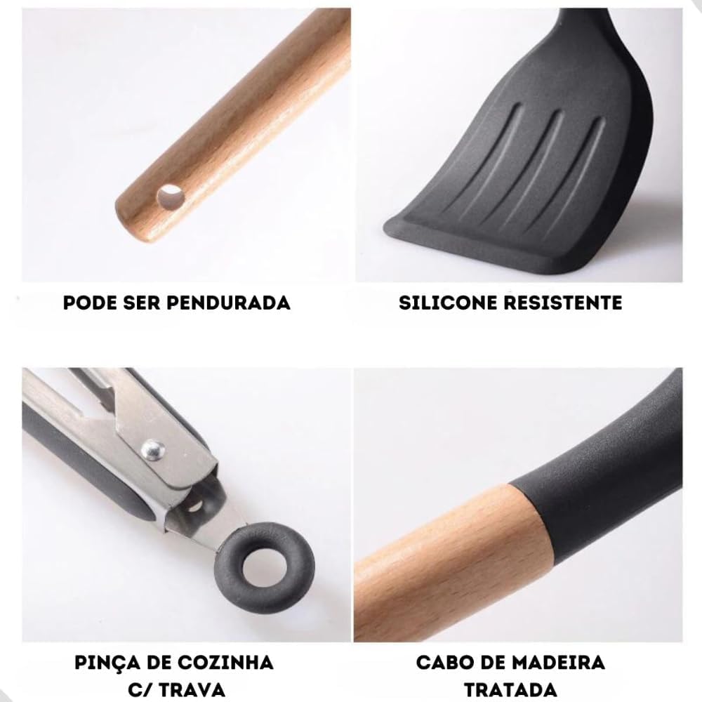 Kit 12 Utensílios De Cozinha Em Silicone E Cabo De Madeira Jogo De Utensílios Resistente ao Calor Antiaderente Premium GAXMARK