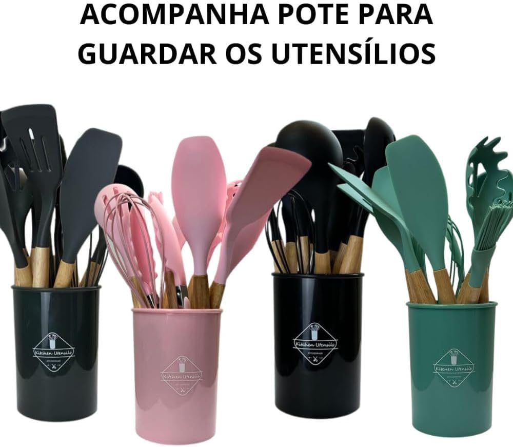 Kit 12 Utensílios De Cozinha Em Silicone E Cabo De Madeira Jogo De Utensílios Resistente ao Calor Antiaderente Premium GAXMARK