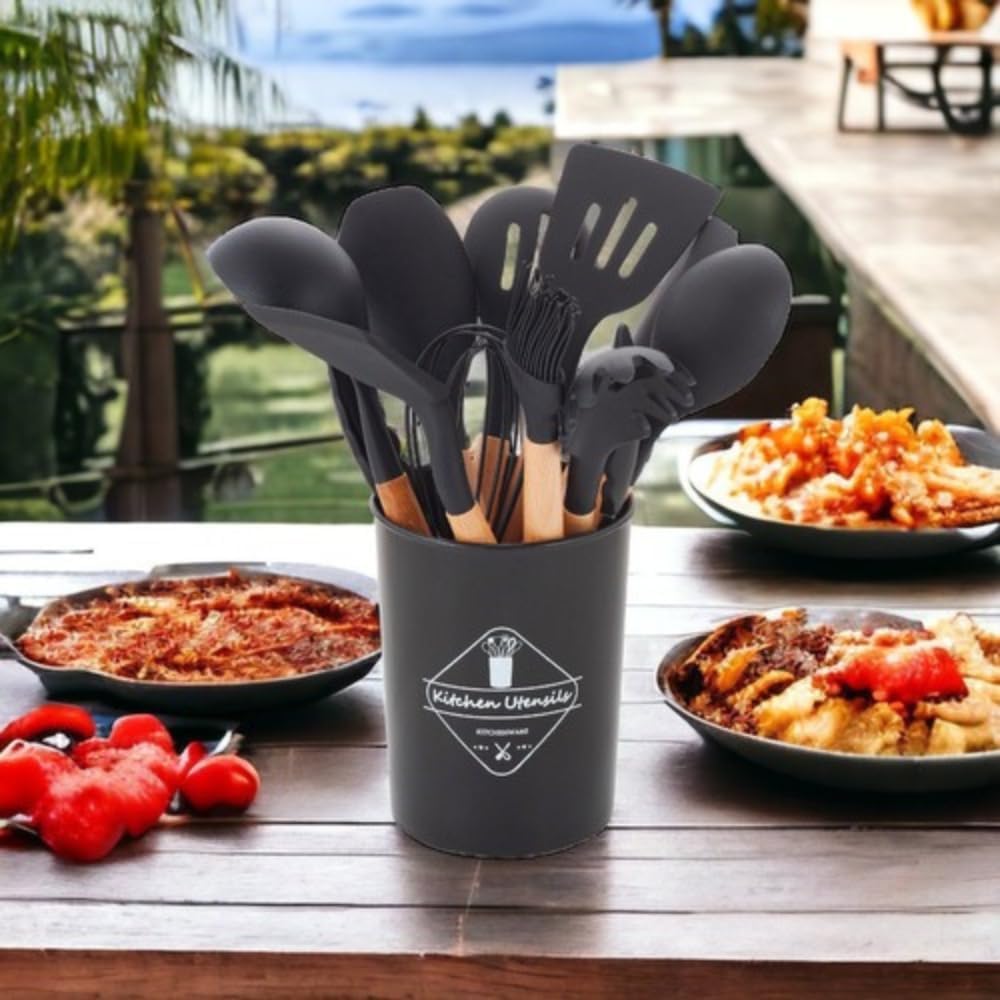 Kit 12 Utensílios De Cozinha Em Silicone E Cabo De Madeira Jogo De Utensílios Resistente ao Calor Antiaderente Premium GAXMARK