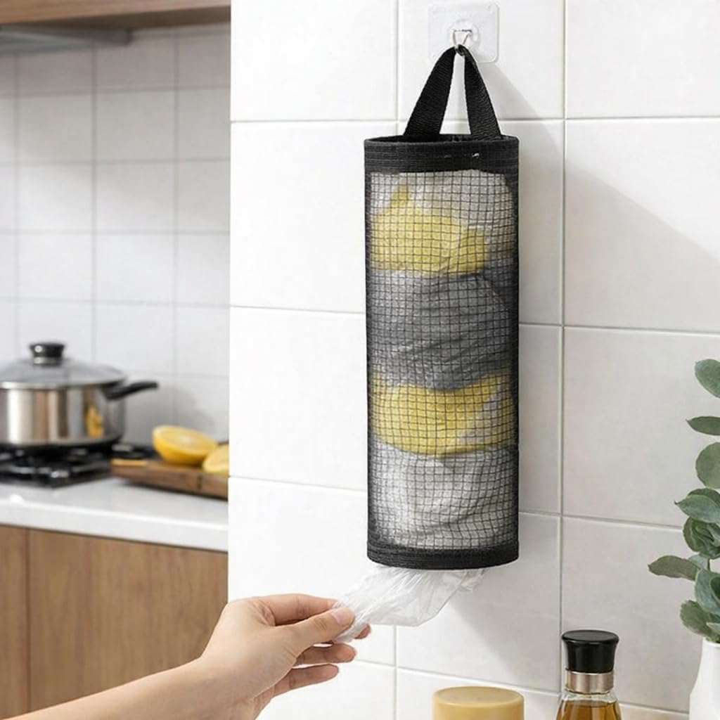 Puxa Saco Organizador Porta Sacolas Plásticas de Cozinha Acessório Prático e Sustentável para Armazenamento Eficiente (Preto)