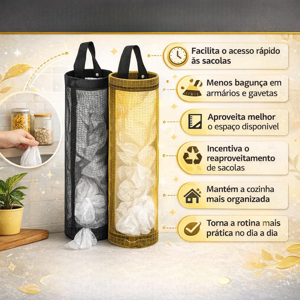 Puxa Saco Organizador Porta Sacolas Plásticas de Cozinha Acessório Prático e Sustentável para Armazenamento Eficiente (Preto)