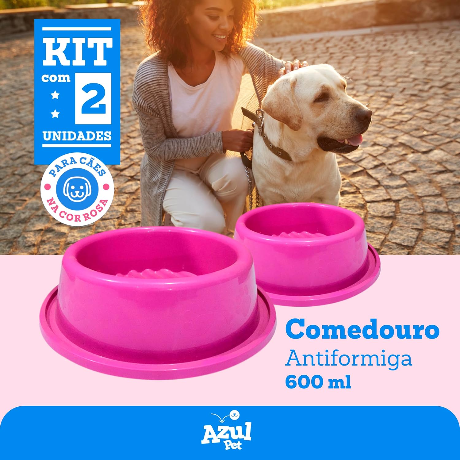 Kit 2 Comedouro Antiformiga para Cães, Rosa, 600 ml, Kit com 2 Unidades, 17 x 17 x 6 cm