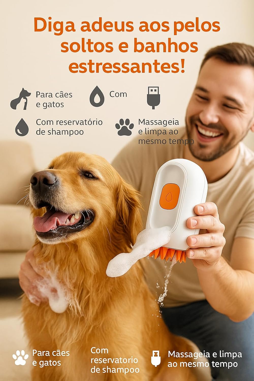 Escova Removedora de Pelos para Cachorro e Gato, Elétrica a Vapor, Recarregável, Pet Shop, Tira Pelo, Cerdas de Silicone Antialérgicas, Verde/Laranja
