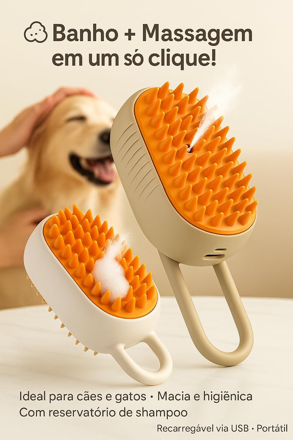 Escova Removedora de Pelos para Cachorro e Gato, Elétrica a Vapor, Recarregável, Pet Shop, Tira Pelo, Cerdas de Silicone Antialérgicas, Verde/Laranja