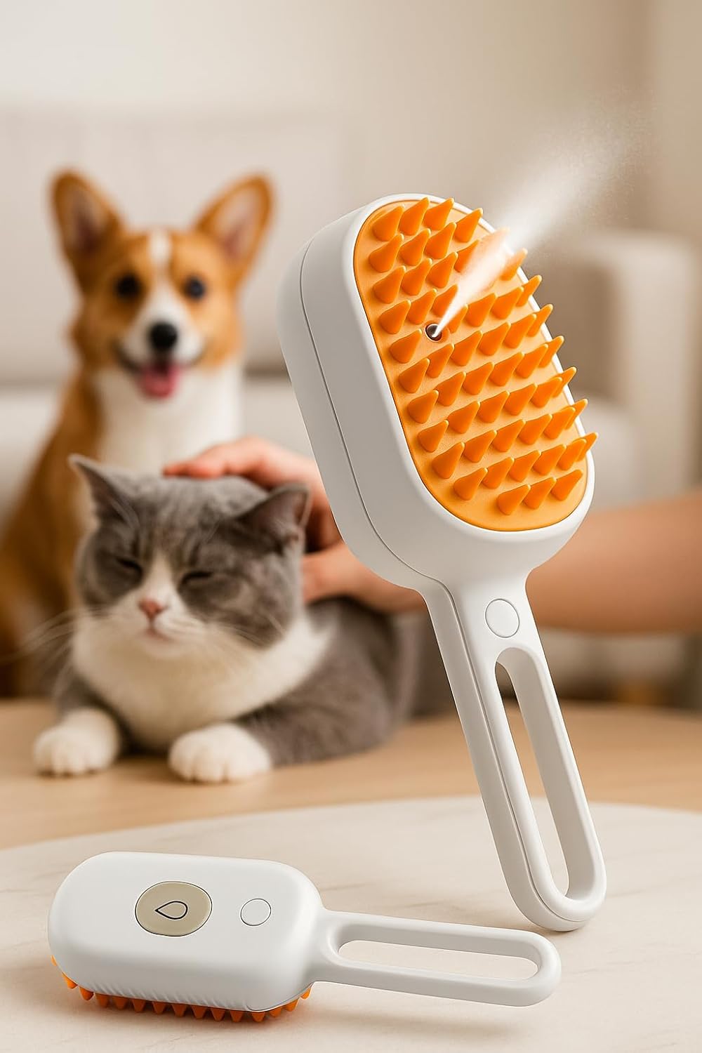 Escova Removedora de Pelos para Cachorro e Gato, Elétrica a Vapor, Recarregável, Pet Shop, Tira Pelo, Cerdas de Silicone Antialérgicas, Verde/Laranja