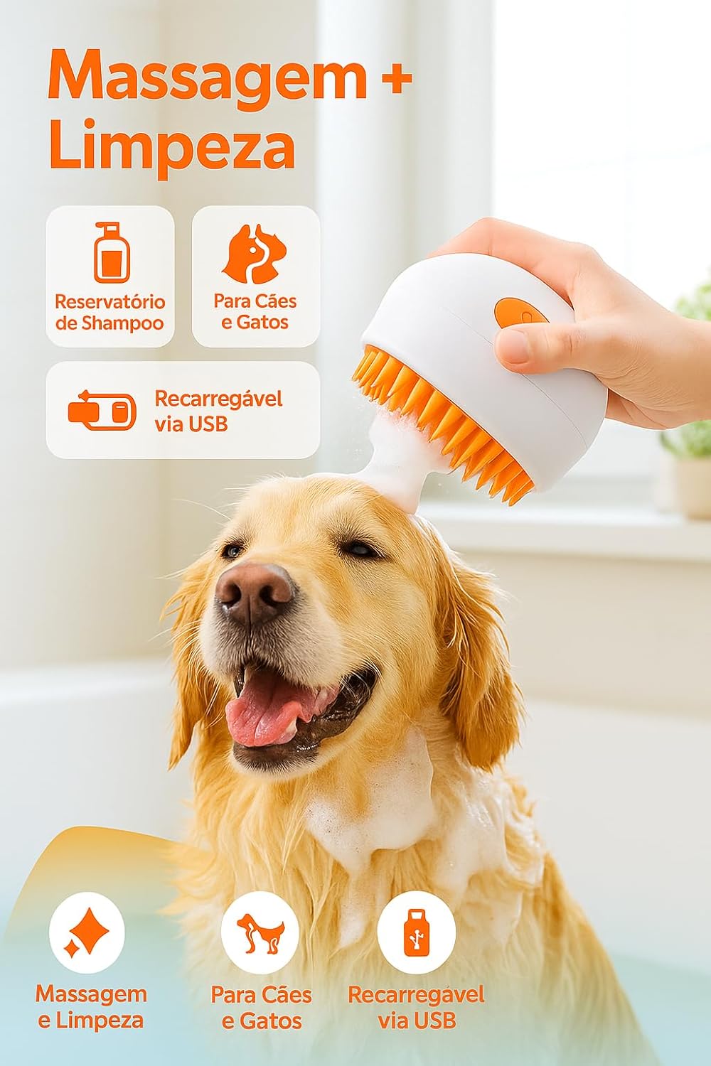 Escova Removedora de Pelos para Cachorro e Gato, Elétrica a Vapor, Recarregável, Pet Shop, Tira Pelo, Cerdas de Silicone Antialérgicas, Verde/Laranja