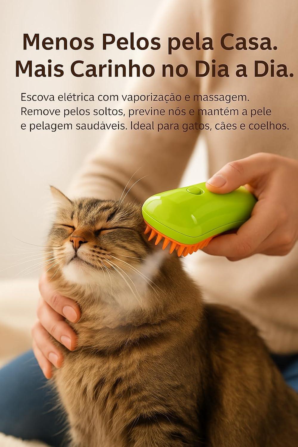 Escova Removedora de Pelos para Cachorro e Gato, Elétrica a Vapor, Recarregável, Pet Shop, Tira Pelo, Cerdas de Silicone Antialérgicas, Verde/Laranja