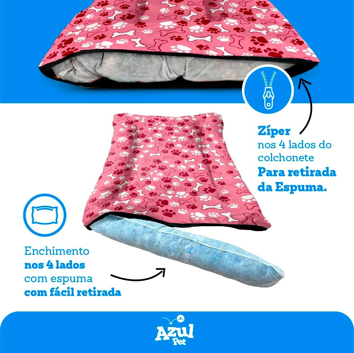 Colchonete G para Cachorro Grande com Zíper, 80x60cm, Rosa com Estampa