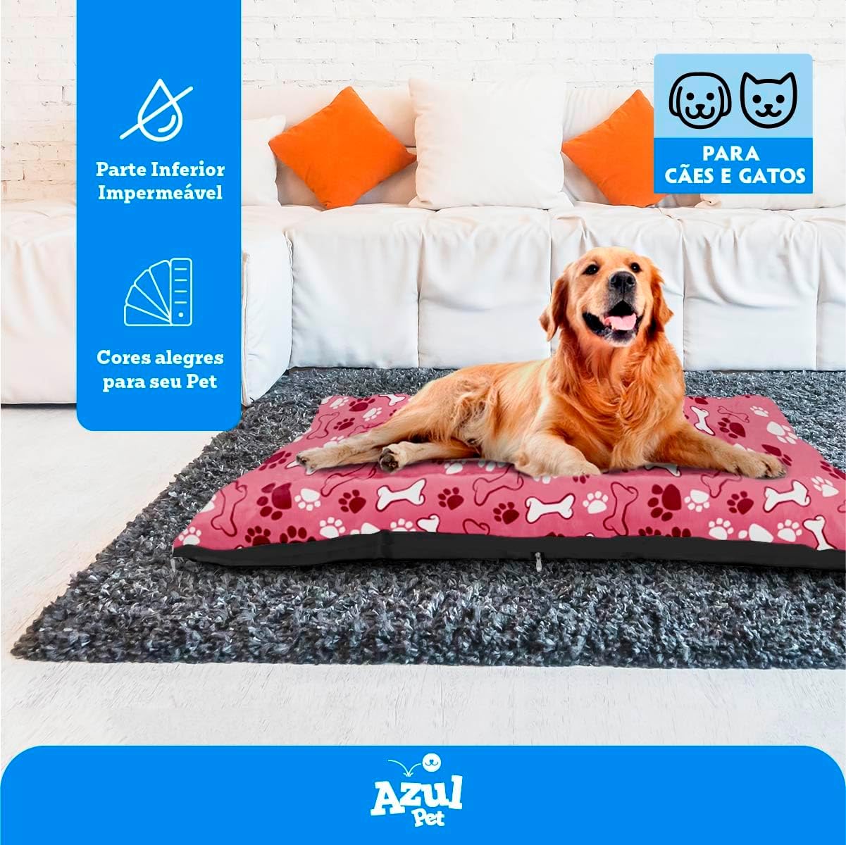 Colchonete G para Cachorro Grande com Zíper, 80x60cm, Rosa com Estampa