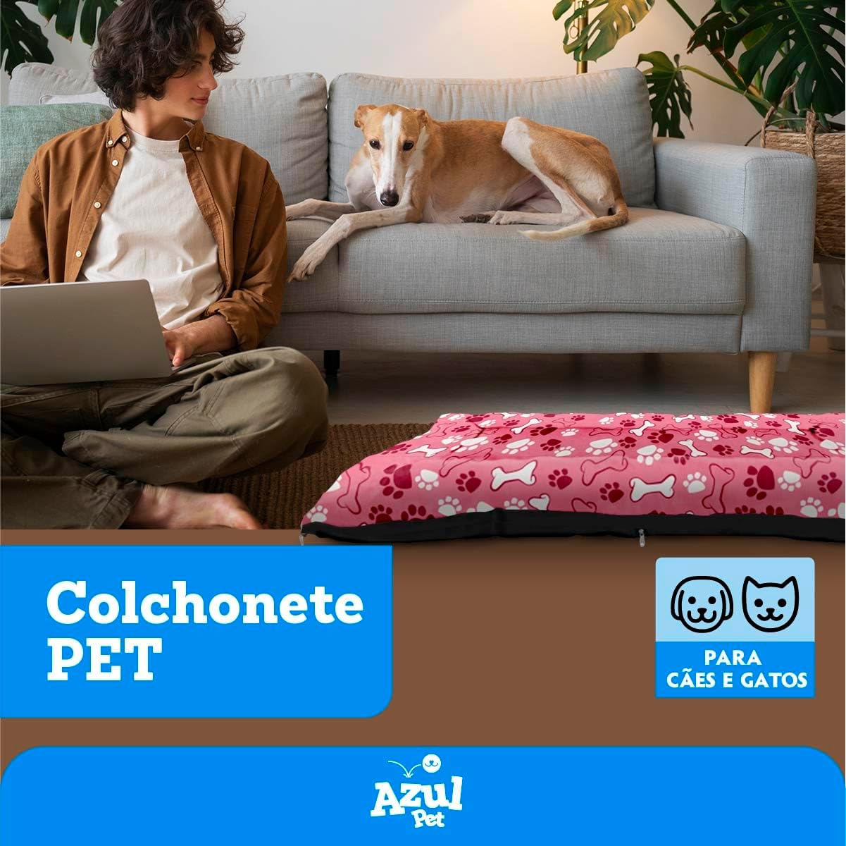 Colchonete G para Cachorro Grande com Zíper, 80x60cm, Rosa com Estampa