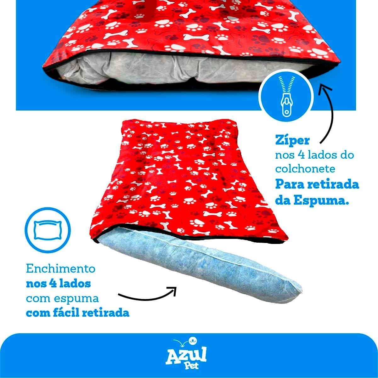 Colchonete G para Cachorro Grande, Almofada Removível com Zíper, 80x60cm, Vermelho com Estampa