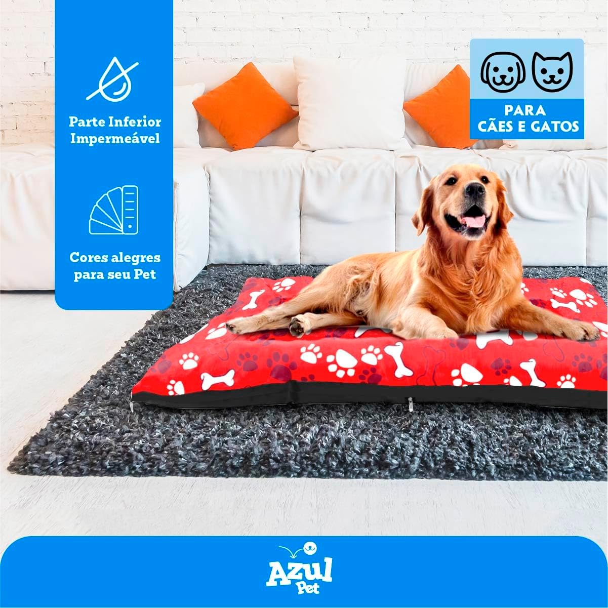 Colchonete G para Cachorro Grande, Almofada Removível com Zíper, 80x60cm, Vermelho com Estampa