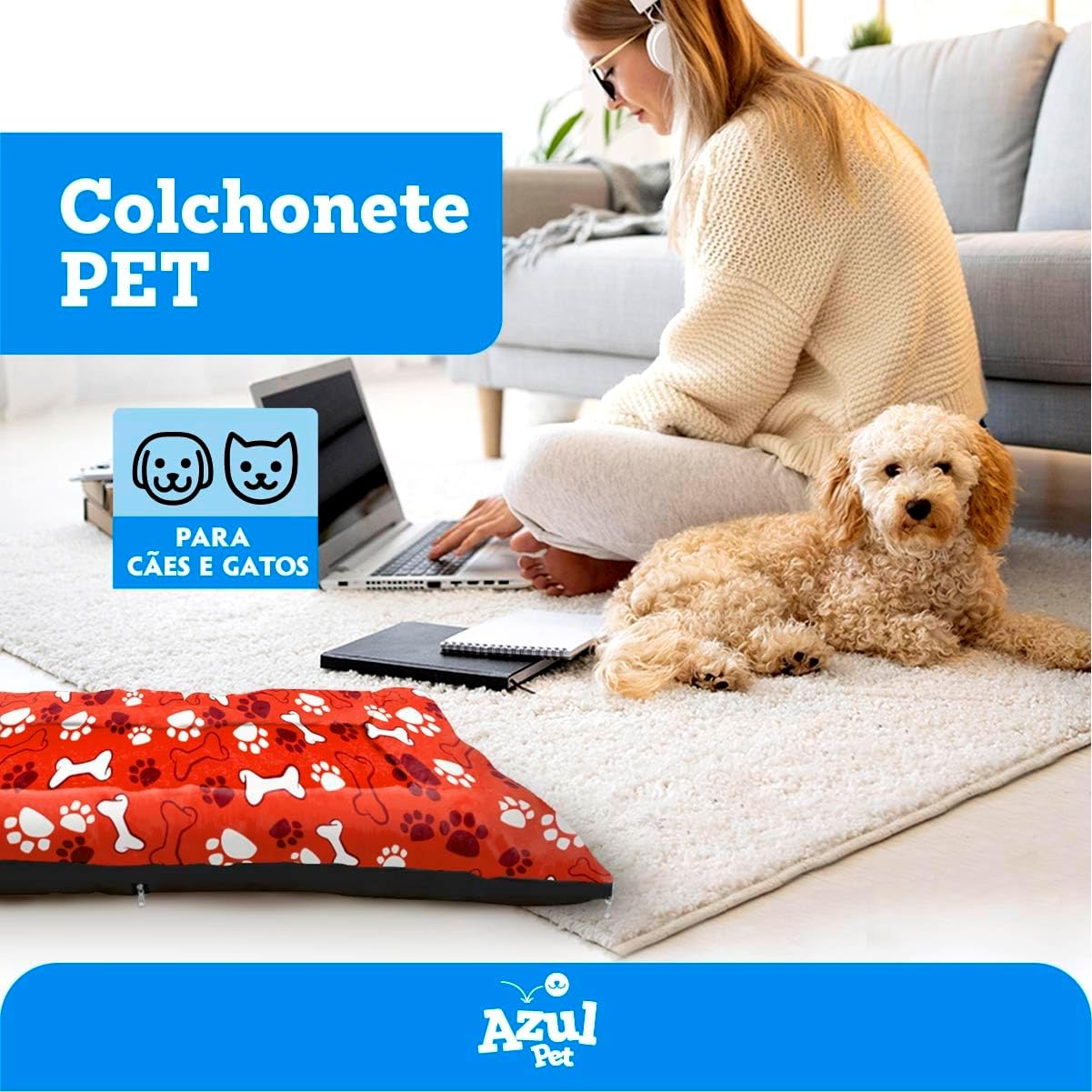 Colchonete G para Cachorro Grande, Almofada Removível com Zíper, 80x60cm, Vermelho com Estampa