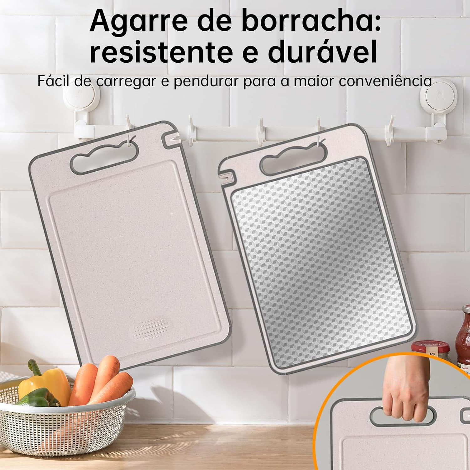 Tábua de Corte Inox e PP para Cozinha Dupla Face, Antibacteriana e Antiderrapante, Tabua de Carne com Canaleta para Suco 37x25cm