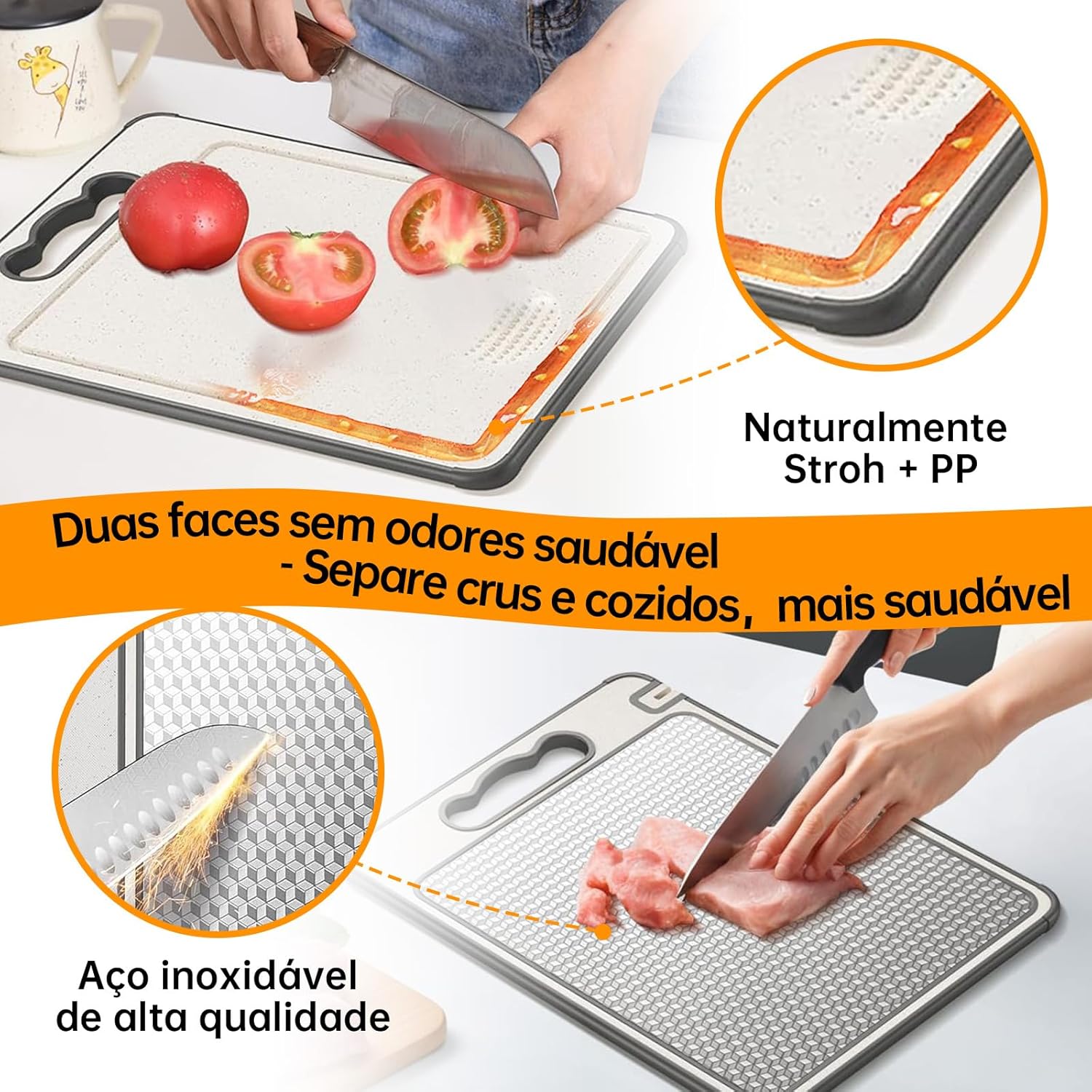 Tábua de Corte Inox e PP para Cozinha Dupla Face, Antibacteriana e Antiderrapante, Tabua de Carne com Canaleta para Suco 37x25cm