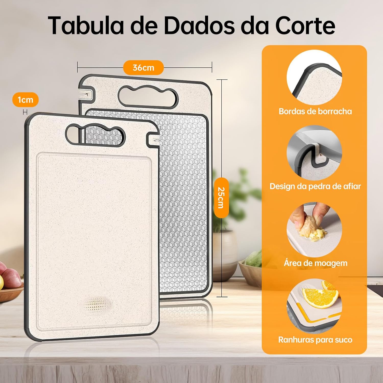 Tábua de Corte Inox e PP para Cozinha Dupla Face, Antibacteriana e Antiderrapante, Tabua de Carne com Canaleta para Suco 37x25cm