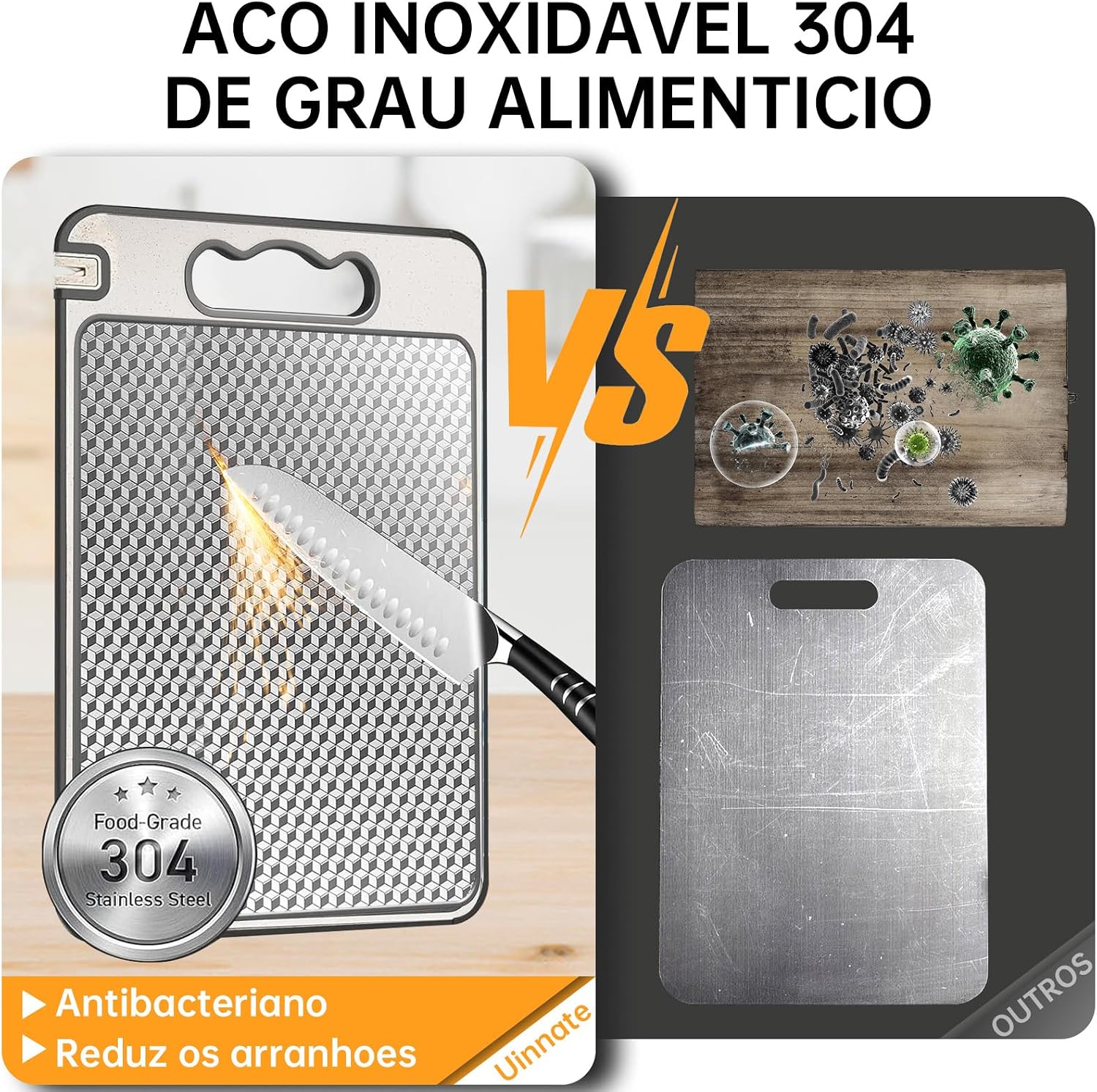 Tábua de Corte Inox e PP para Cozinha Dupla Face, Antibacteriana e Antiderrapante, Tabua de Carne com Canaleta para Suco 37x25cm