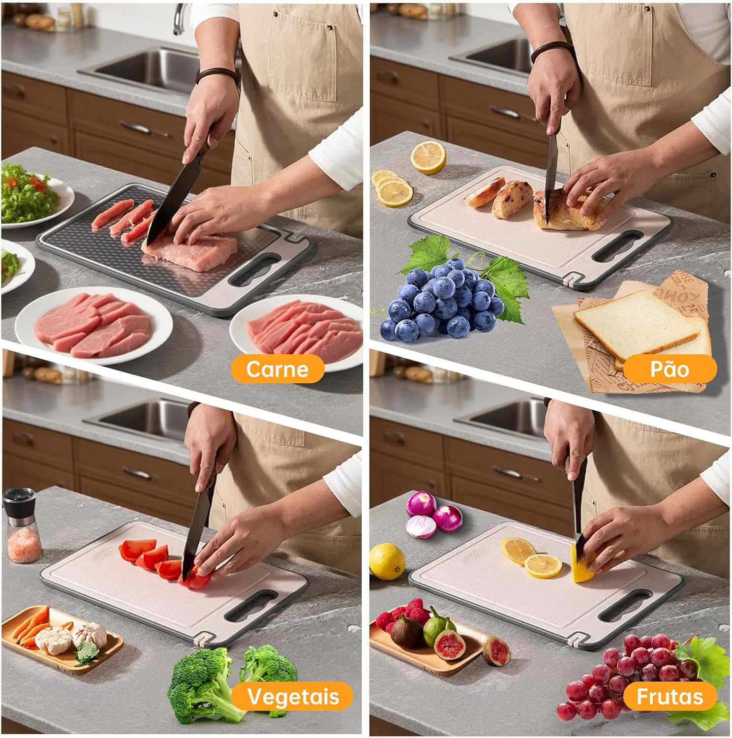 Tábua de Corte Inox e PP para Cozinha Dupla Face, Antibacteriana e Antiderrapante, Tabua de Carne com Canaleta para Suco 37x25cm