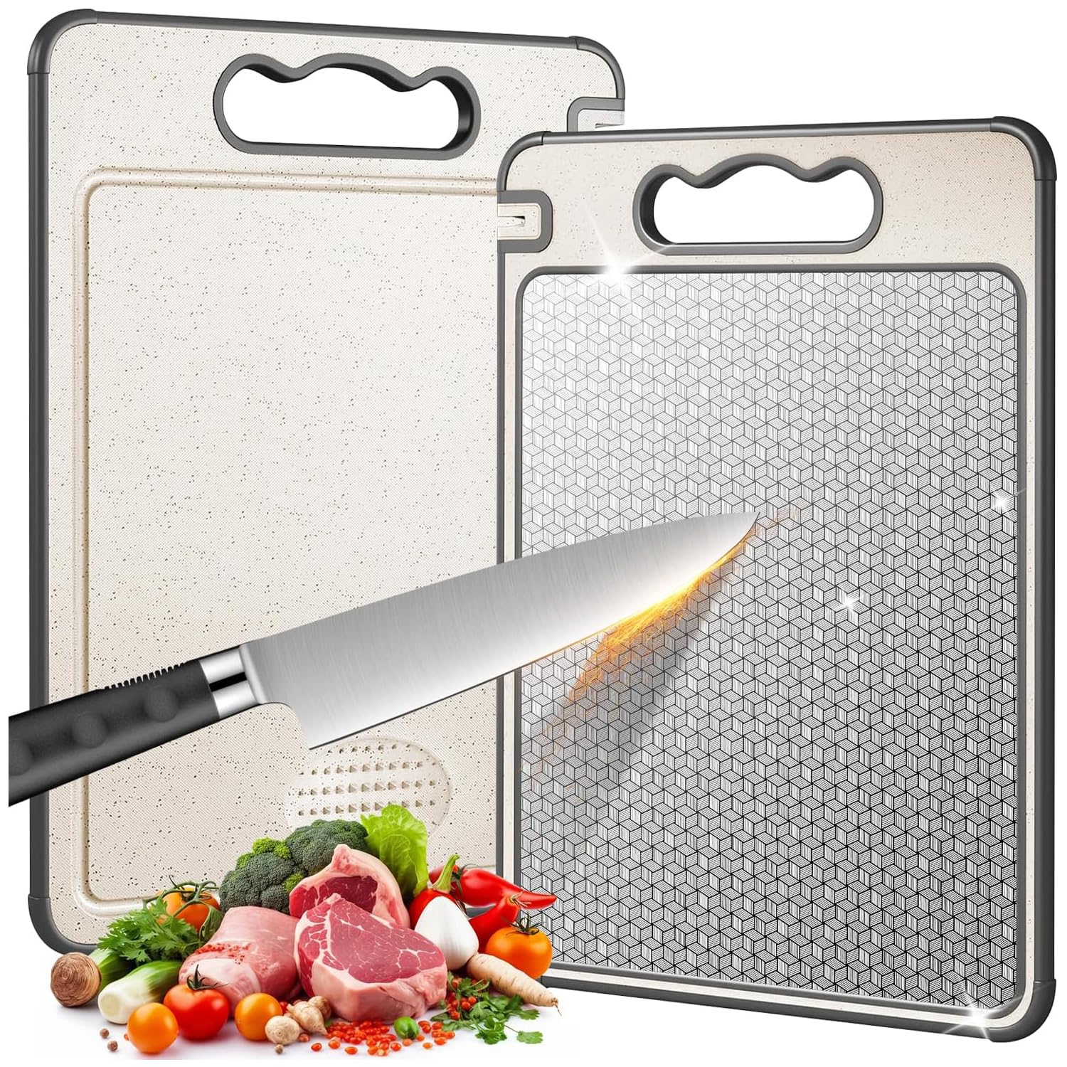 Tábua de Corte Inox e PP para Cozinha Dupla Face, Antibacteriana e Antiderrapante, Tabua de Carne com Canaleta para Suco 37x25cm