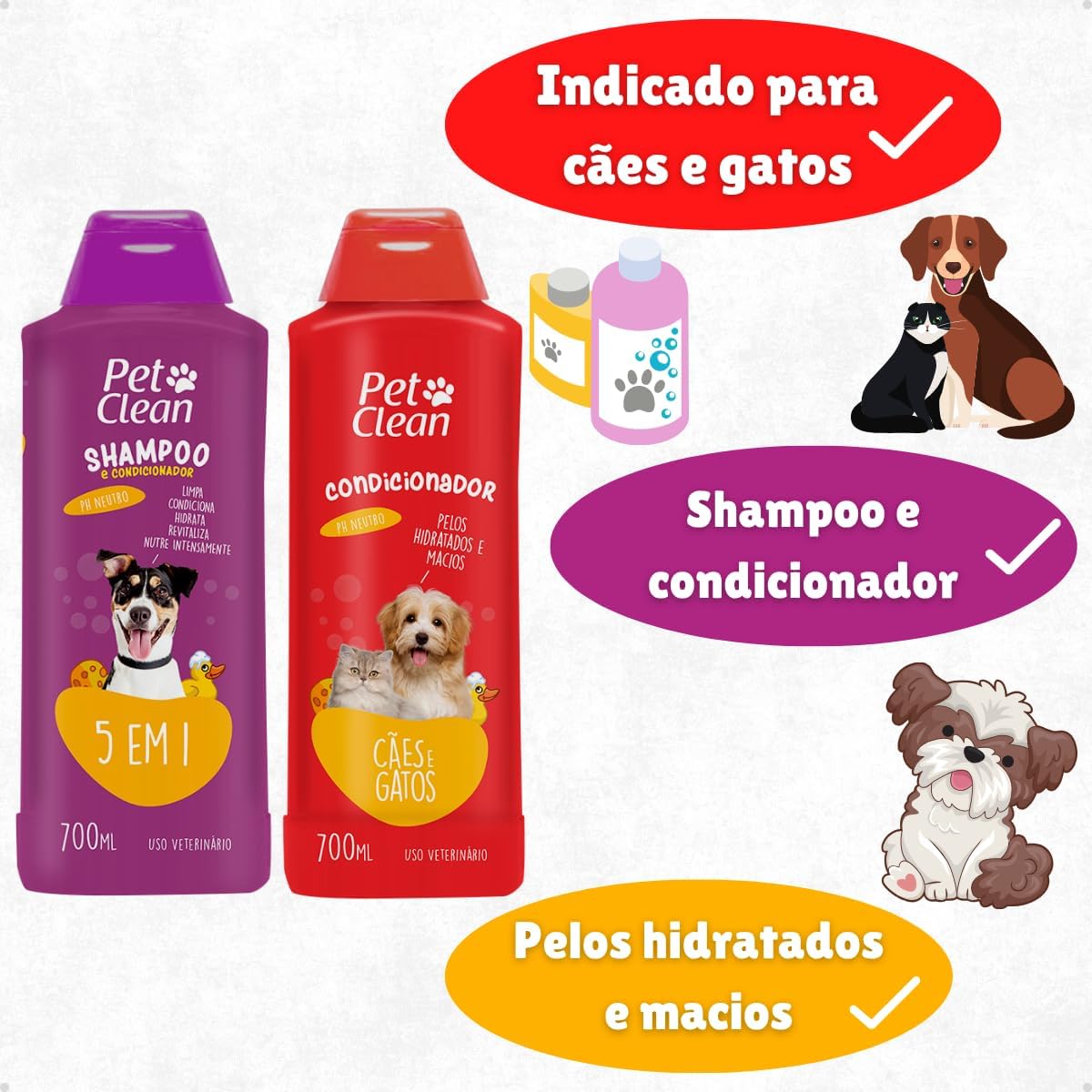 Kit Banho e Tosa Pet Shop Shampoo 5 Em 1 700ml + Creme Condicionador 700ml + Perfume 120ml Cães E Gatos Pet Clean - Filhote
