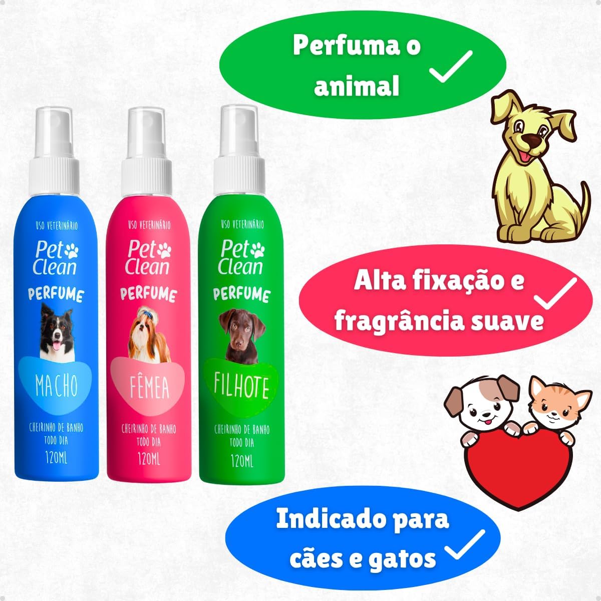 Kit Banho e Tosa Pet Shop Shampoo 5 Em 1 700ml + Creme Condicionador 700ml + Perfume 120ml Cães E Gatos Pet Clean - Filhote