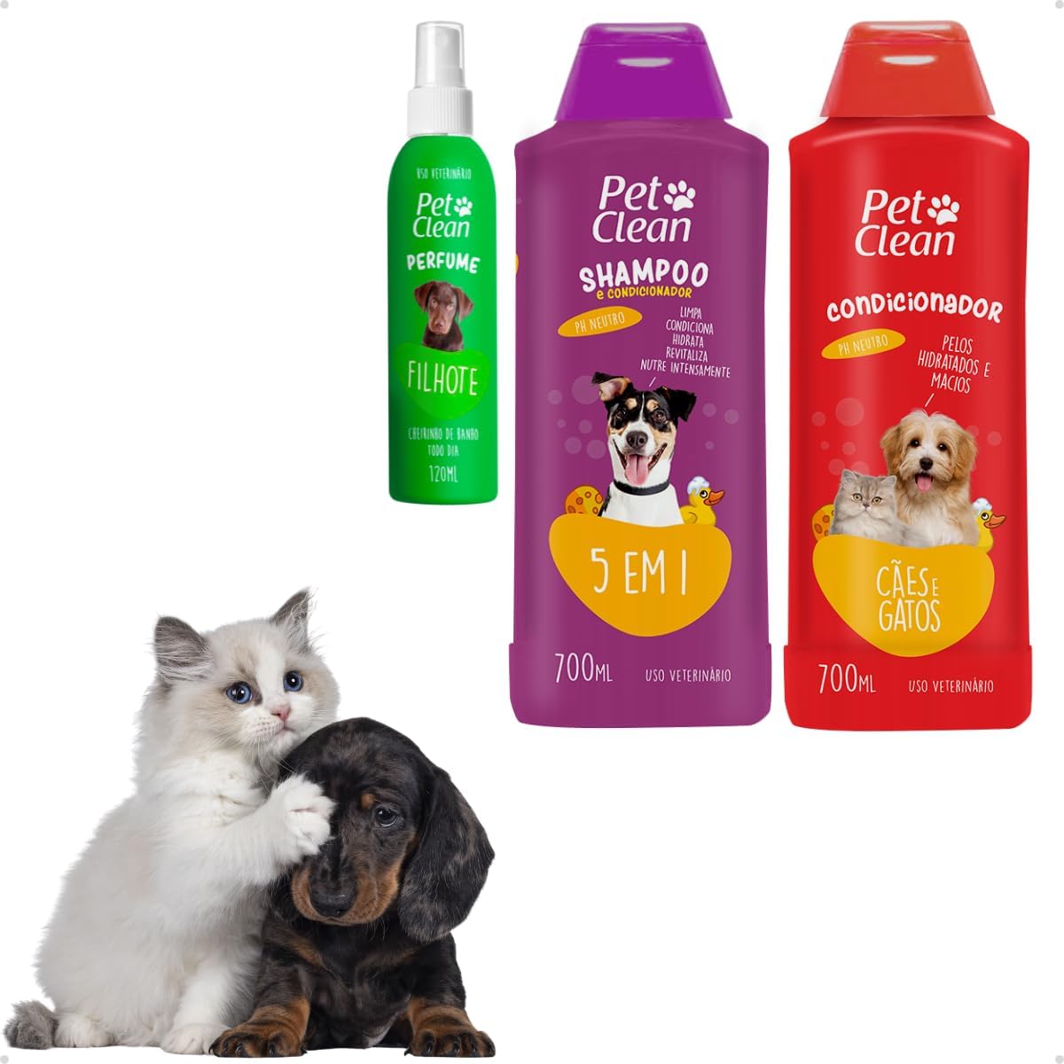 Kit Banho e Tosa Pet Shop Shampoo 5 Em 1 700ml + Creme Condicionador 700ml + Perfume 120ml Cães E Gatos Pet Clean - Filhote