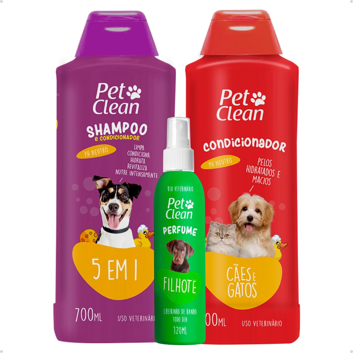 Kit Banho e Tosa Pet Shop Shampoo 5 Em 1 700ml + Creme Condicionador 700ml + Perfume 120ml Cães E Gatos Pet Clean - Filhote