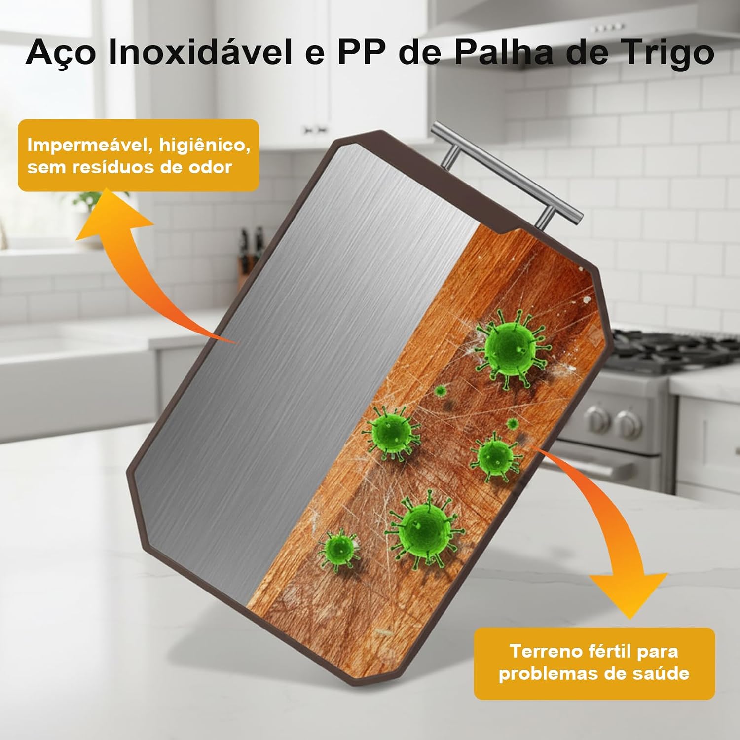 Tabua de Corte Inox Dupla Face em aço Inoxidável e PP