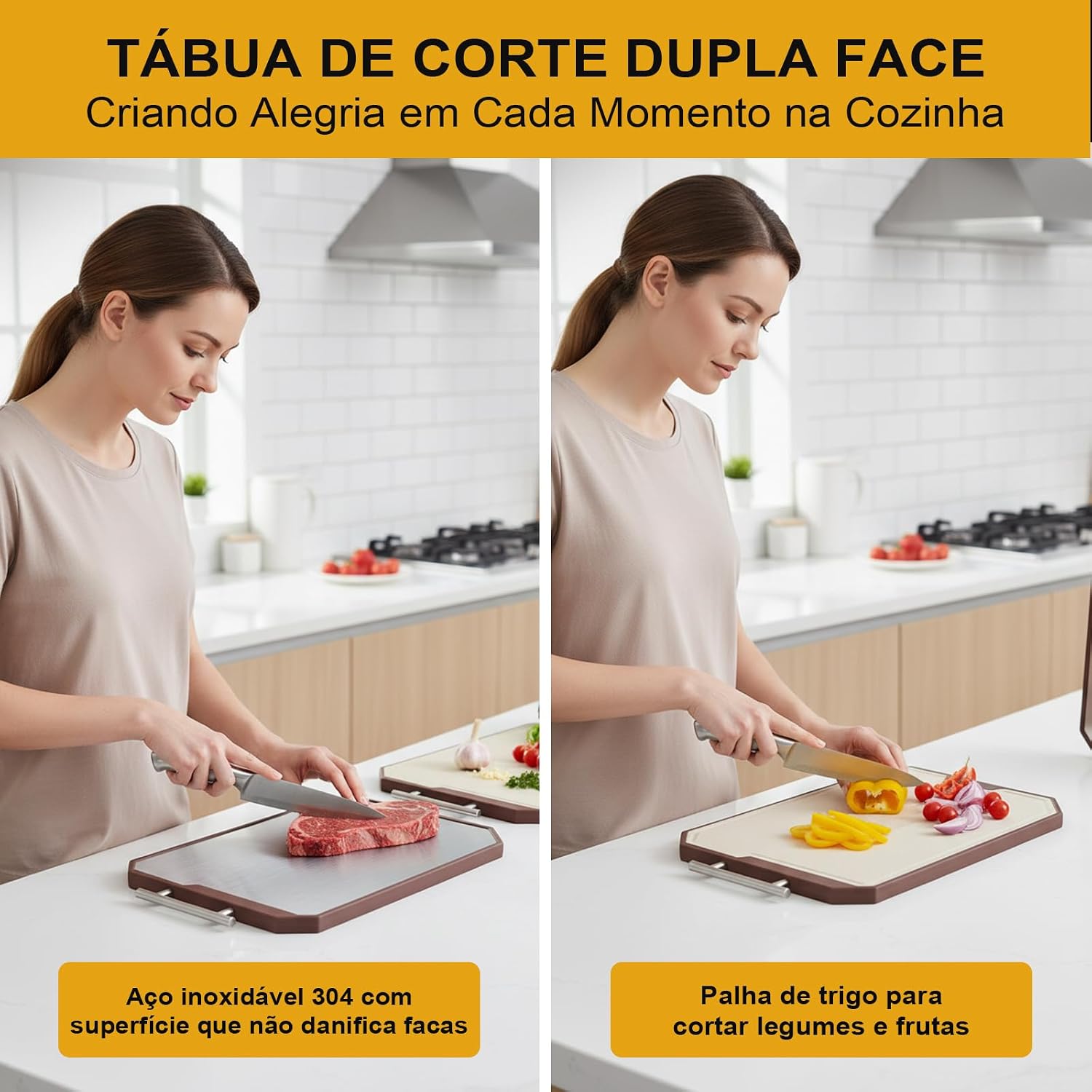 Tabua de Corte Inox Dupla Face em aço Inoxidável e PP