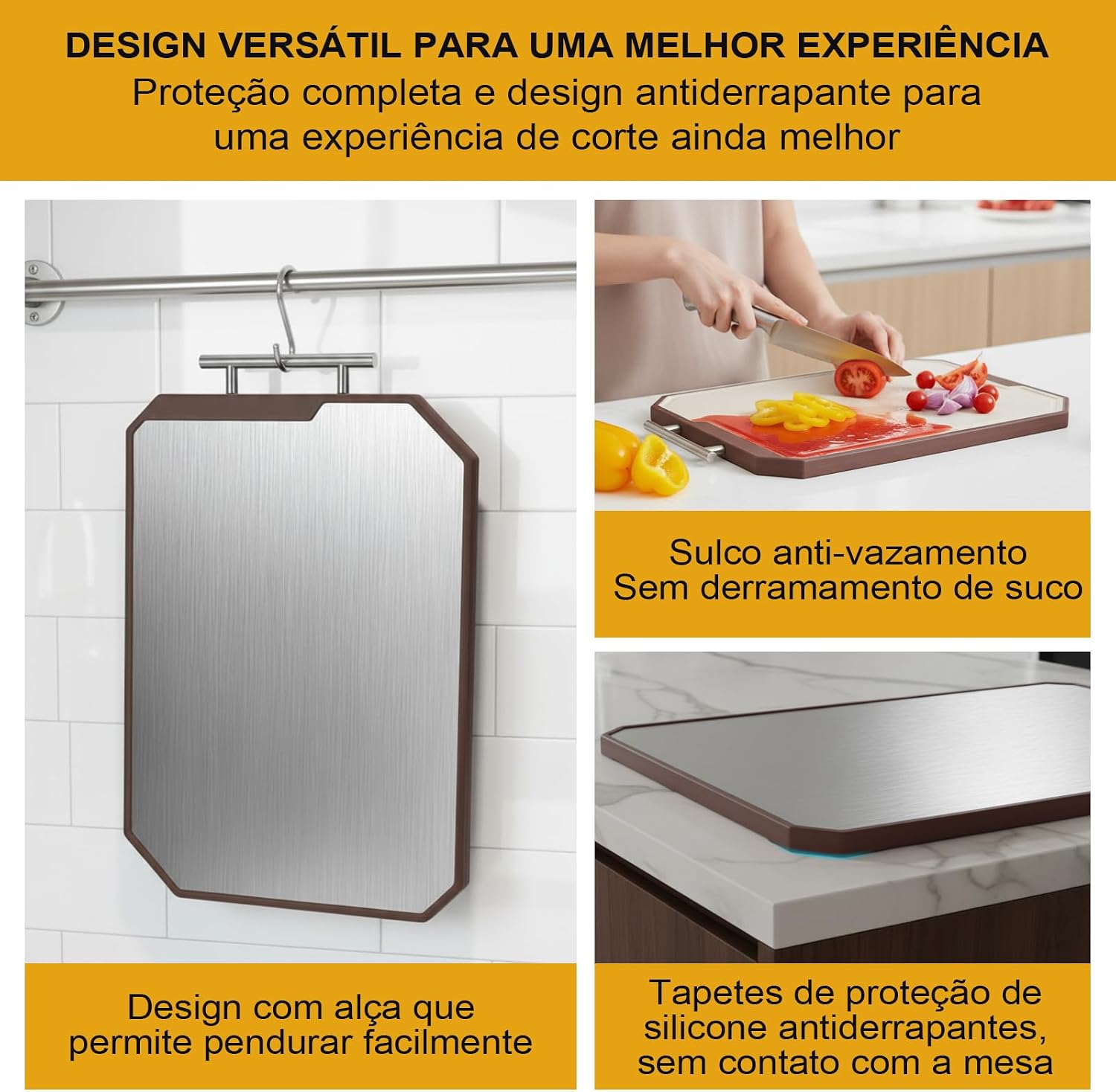 Tabua de Corte Inox Dupla Face em aço Inoxidável e PP