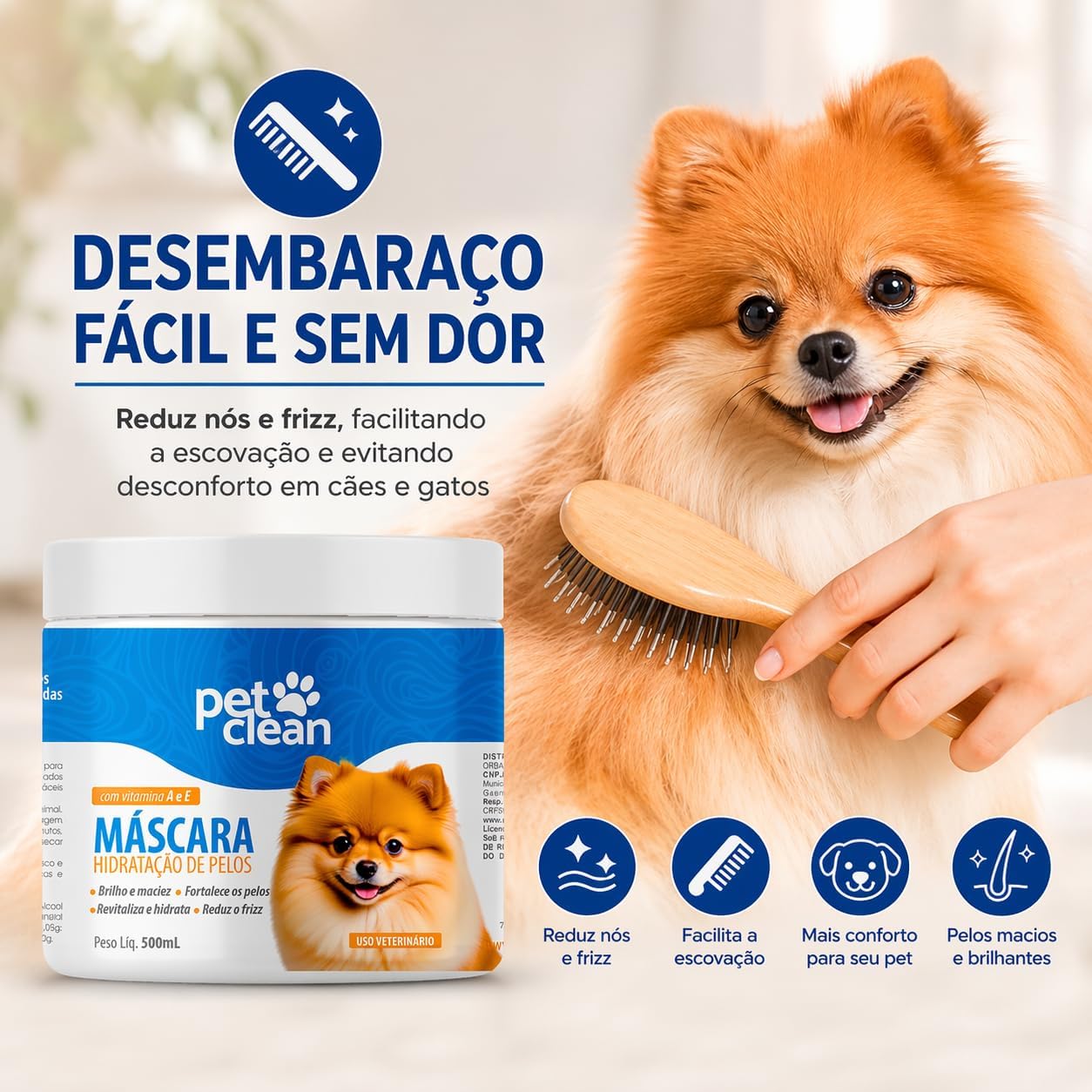 Máscara Soft Pet Clean Hidratação Profunda para Pelos de Cães e Gatos Revitaliza, Desembaraça e Dá Brilho Fácil Aplicação, Não Oleosa, Resultado Rápido, Uso Seguro e Profissional
