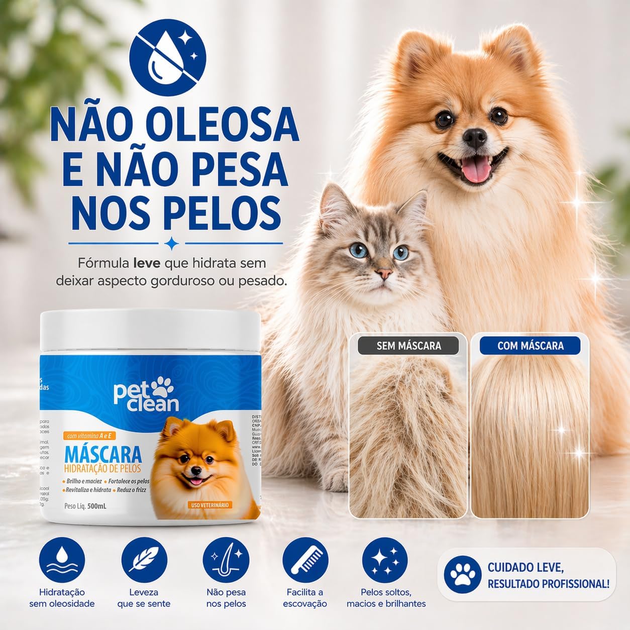 Máscara Soft Pet Clean Hidratação Profunda para Pelos de Cães e Gatos Revitaliza, Desembaraça e Dá Brilho Fácil Aplicação, Não Oleosa, Resultado Rápido, Uso Seguro e Profissional